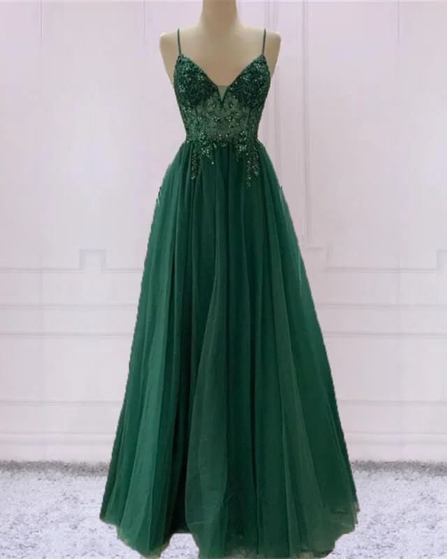 Emerald Green Tulle Prom Dress Beaded V Neck Casual Tulle Dress