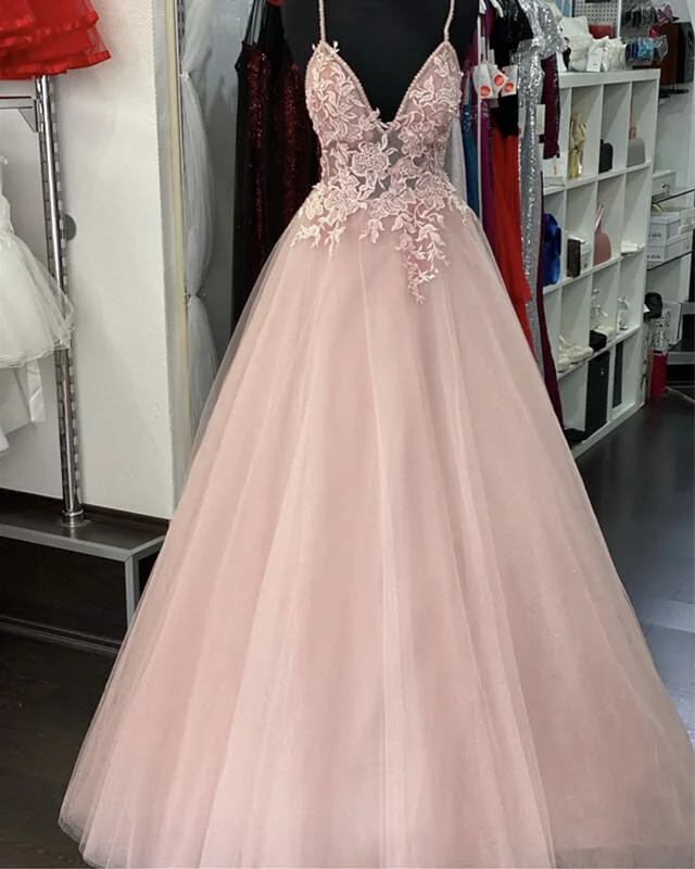 Pearl Pink Tulle Prom Dresses V Neck Appliques Tulle Dress Chic