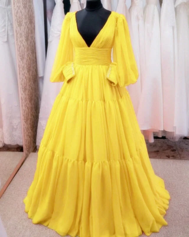 Yellow Puffy Sleeves Ball Gown Tulle Prom Dresses Soft Layered Tulle