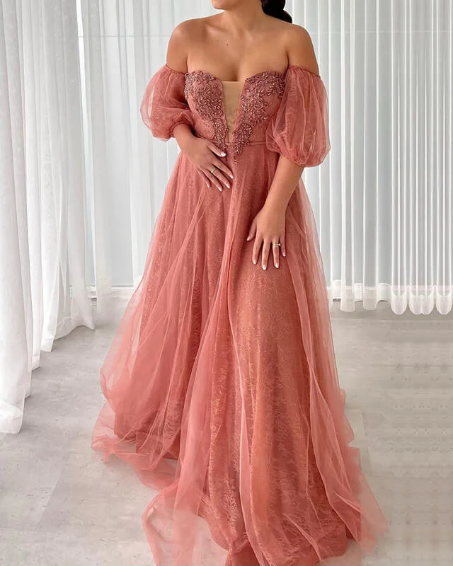 Coral Tulle Puffy Sleeve Dress Tulle Lace Gown