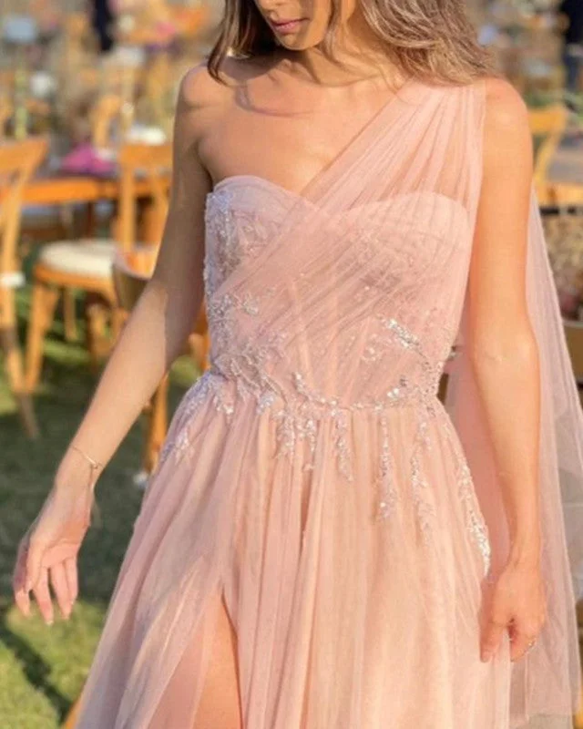 Pink Tulle One Shoulder Split Corset Dress Tulle A-line Dress