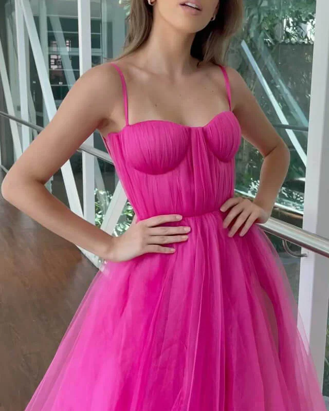 Long Hot Pink Tulle Corset Slit Prom Dress Tulle Lace Dress