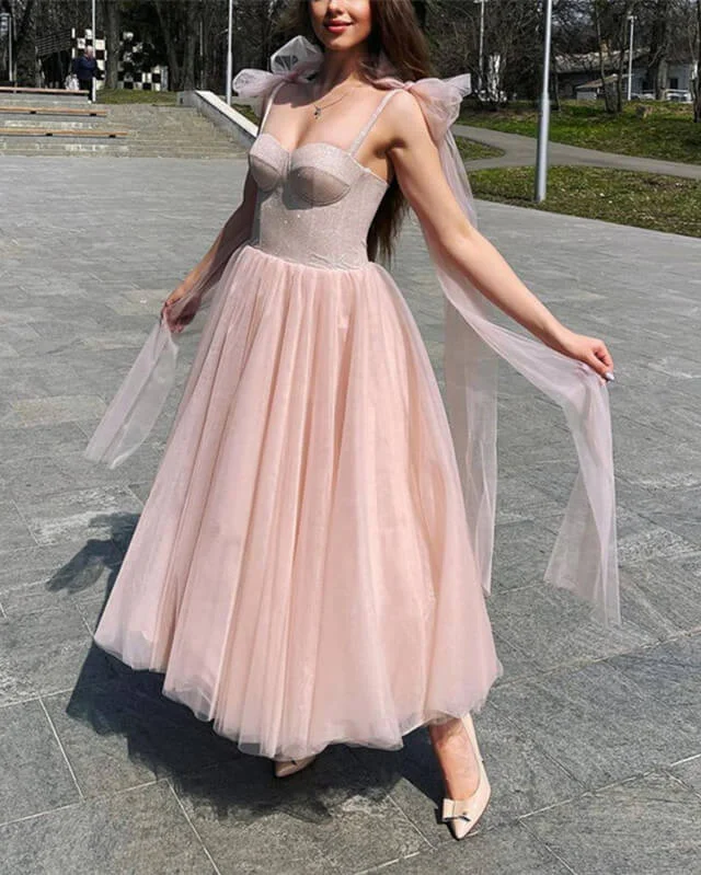 Blush Tulle Ankle Length Dress With Sparkly Corset Tulle Dress Flow