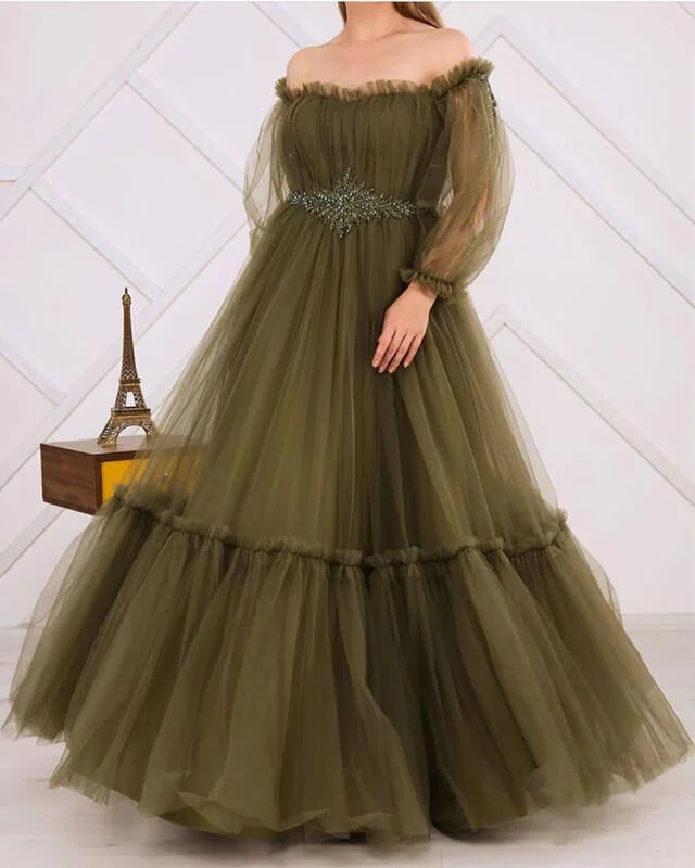 Olive Green Tulle Long Sleeve Off-Shoulder Dress Vintage Tulle Dress