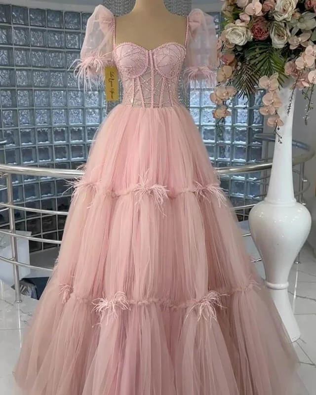 Pink Tiered Tulle Ball Gown Puffy Sleeves Dress Tulle Party Gown