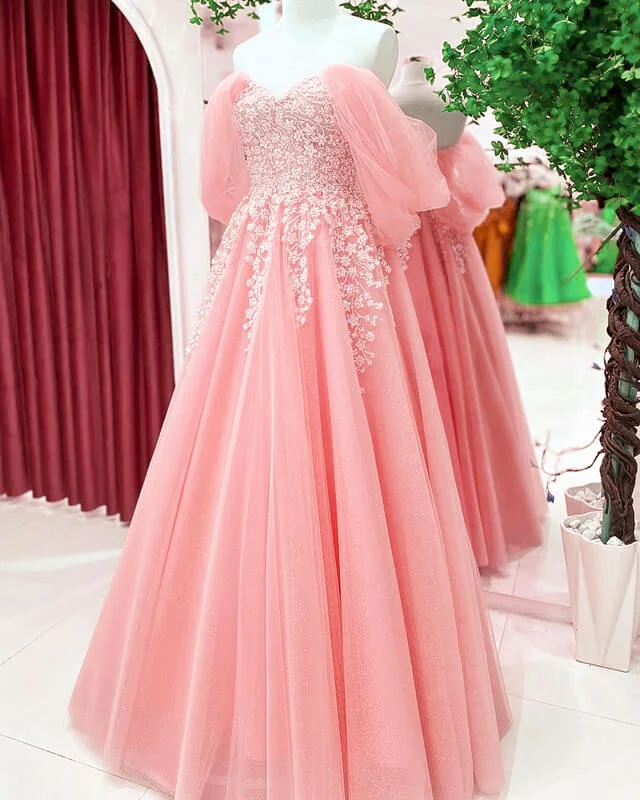 Blush Tulle A-line Off Shoulder Appliques Dress Pretty Tulle Dress