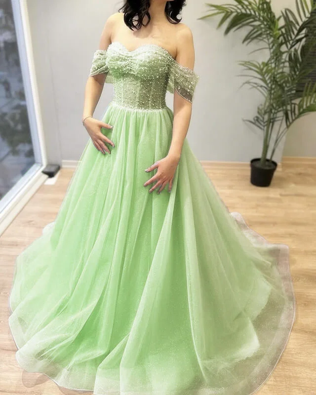 Light Green Beaded Tulle Off-the-shoulder Dress Tulle Dress Trendy