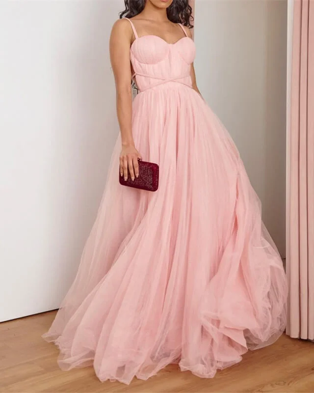 Long Pink Tulle Corset Top Dress Sparkling Tulle Dress