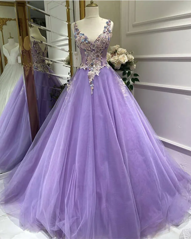 Tulle Ball Gown V Neck Appliques Dress Tulle Dress Classic