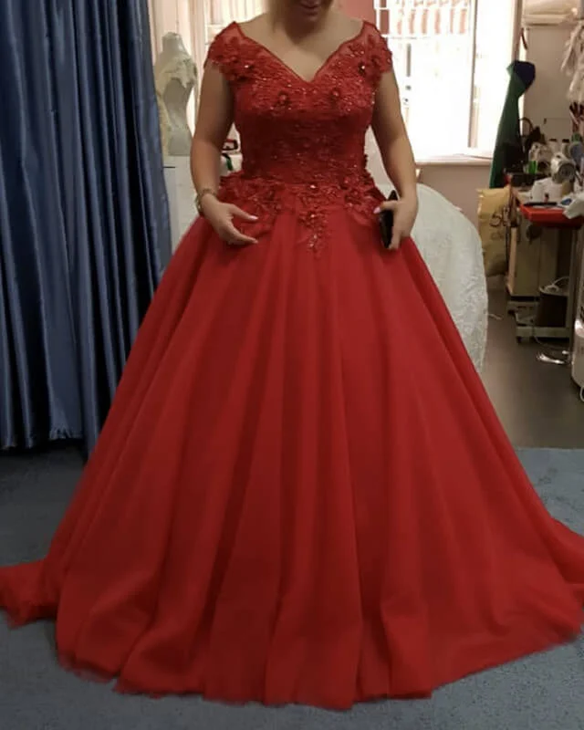 Red Tulle V-neck Plus Size Ball Gown Dress Tulle Dress Party