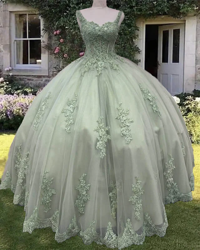 Sage Corset Ball Gown Appliques Tulle Dress Tulle Dress Sparkling