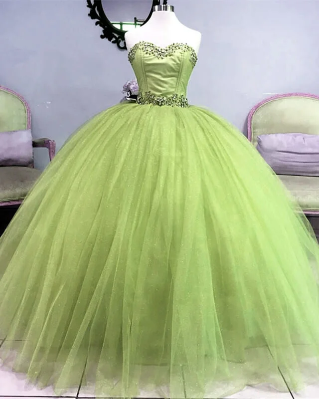 Beaded Strapless Sage Tulle Ball Gown Dress Off-shoulder Tulle Dress