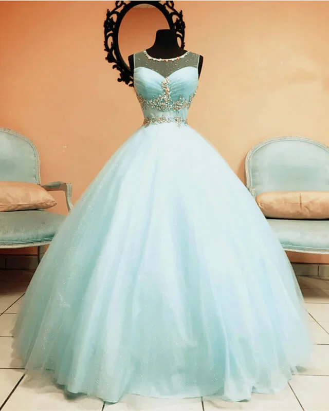 Baby Blue Tulle Scoop Neck Ball Gown Tulle Dress Glam