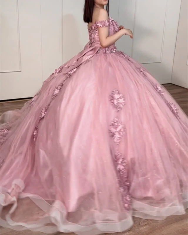 Dusty Pink Tulle Quinceanera Dresses Embroidery Ball Gown Tulle Dress Trendy