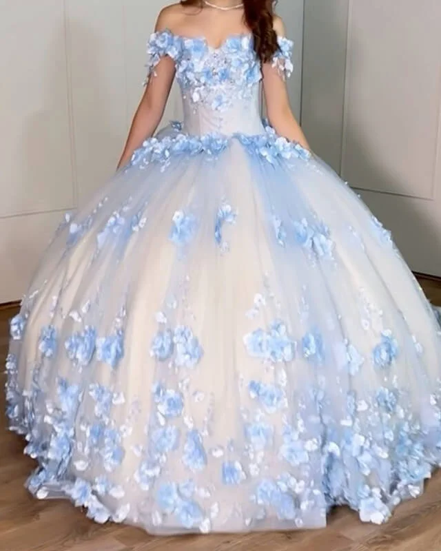 Ball Gown Tulle Off The Shoulder Quinceanera Dresses With Blue Flowers Tulle Party Dress