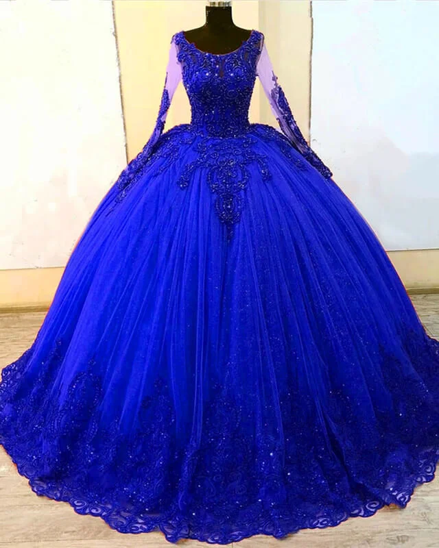 Long Sleeves Royal Blye Tulle Appliques Ball Gown Dress Tulle Dress Chic