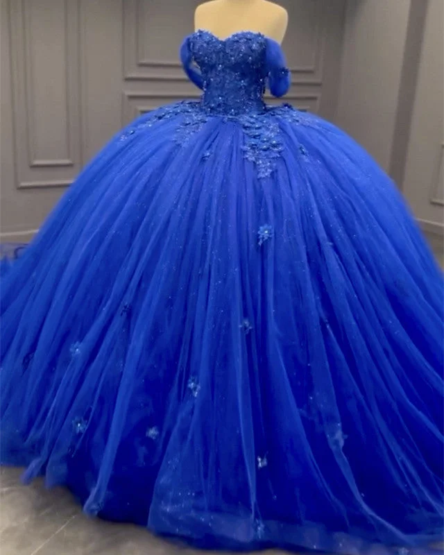 Royal Blue Tulle Off Shoulder Appliques Dress Tulle Cocktail Dress