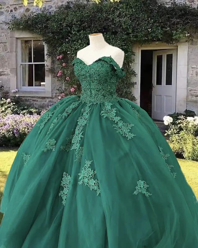 Emerald Off Shoulder Tulle Ball Gown Appliques Dress Long Sleeve Tulle