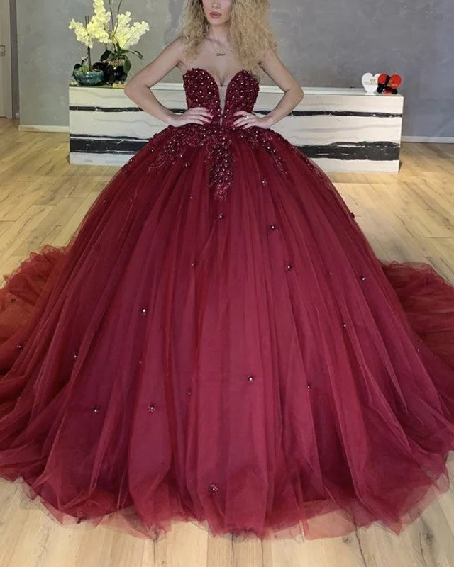 Tulle Ball Gown Sweetheart Dresses Flowers Beaded Tulle Dress Simple