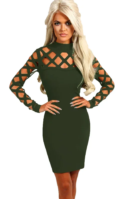 Olive Hollow-out Long Sleeve Mock Neck Bodycon Dress Stylish Bodycon Midi