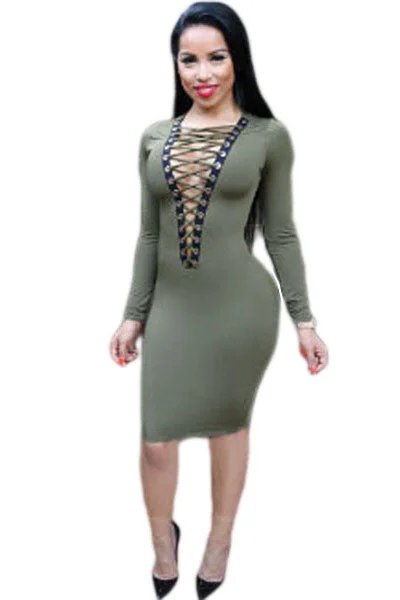 Olive Lace-up V Neck Long Sleeve Bodycon Dress Bodycon Dress Classic