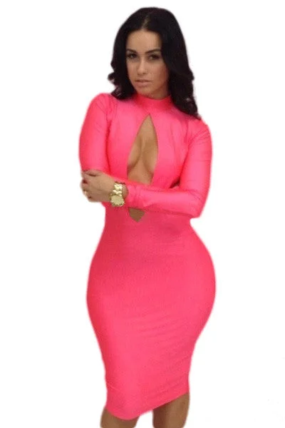 Pink Oval Hollow-out Front Sexy Bodycon Dress Slim Fit Dress