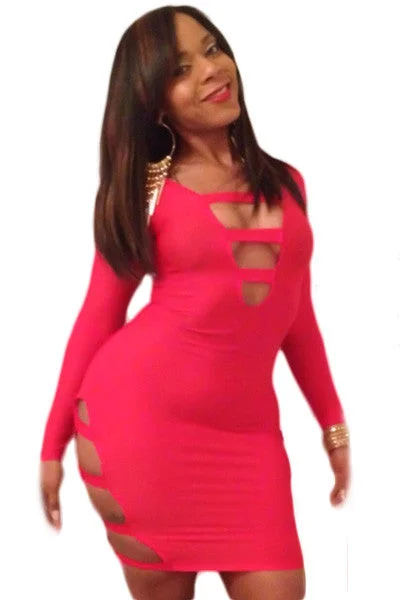 Pink Sexy Cut-Out Long Sleeves Party Bodycon Dress Hot Pink Bodycon