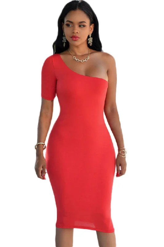 Red One Shoulder Bodycon Knee Length Dress Bold Bodycon Look