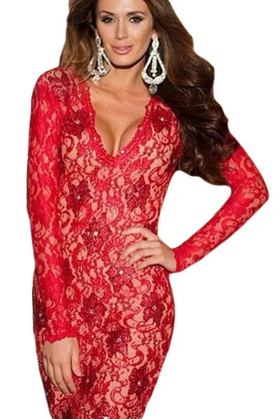 Red Scalloped Deep V Backless Lace Bodycon Dress Elegant Slim Bodycon