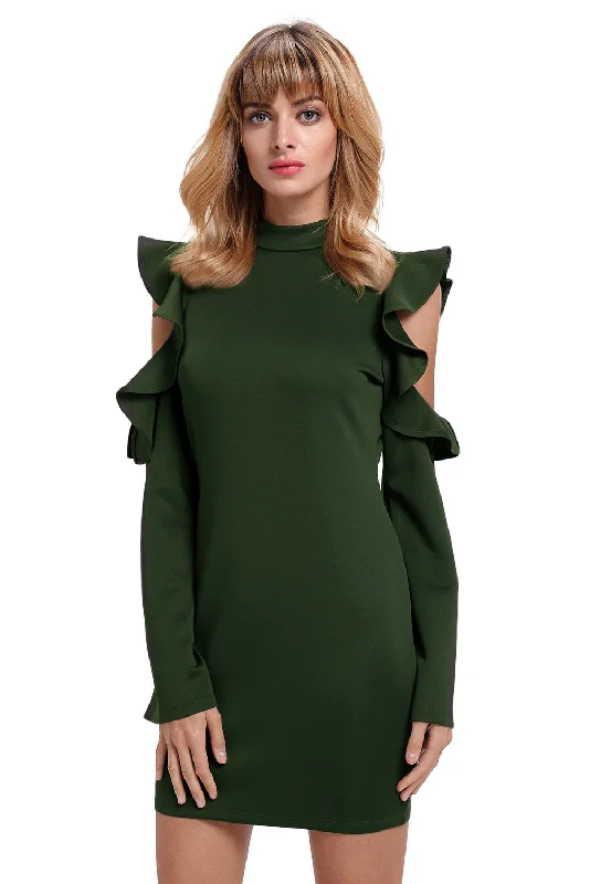 Sexy Army Green Cold Shoulder Ruffle Long Sleeve Bodycon Dress Night Out Dress