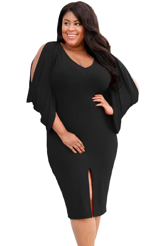 Sexy Black Cascading Slit Sleeve Bodycon Plus Size Dress Satin Bodycon Dress