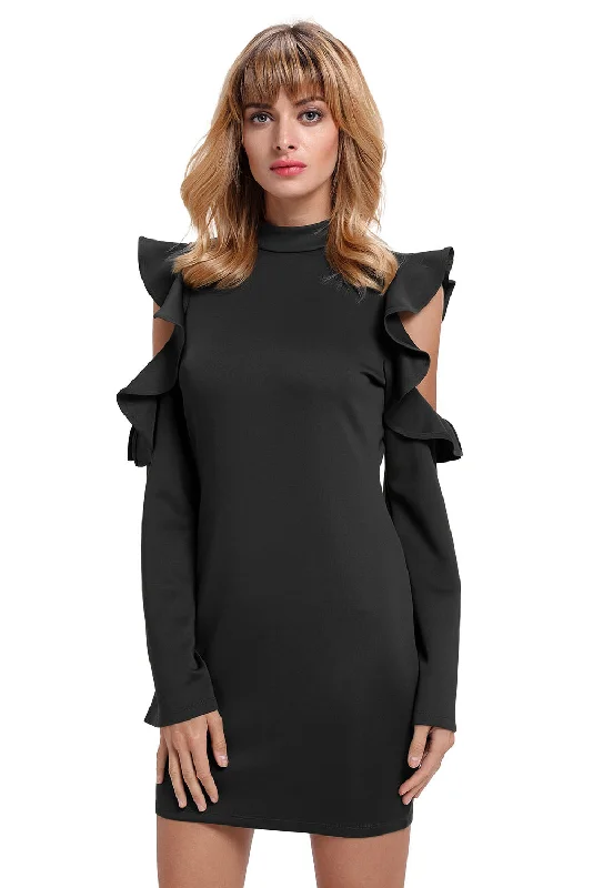 Sexy Black Cold Shoulder Ruffle Long Sleeve Bodycon Dress Tight Fit Dress