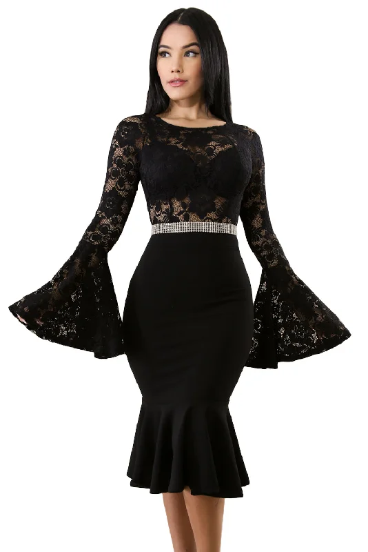 Sexy Black Lace Bell Mermaid Bodycon Party Dress Mesh Bodycon Dress