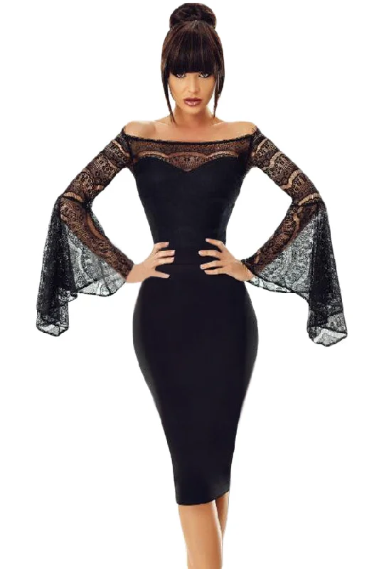 Sexy Black Lace Bell Sleeve Off Shoulder Bodycon Party Dress Stylish Bodycon Midi