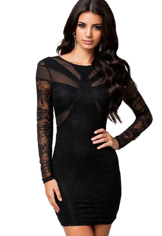 Sexy Black Lace&Mesh Patchwork Sexy Bodycon Dress Sparkling Bodycon Dress