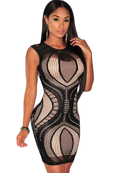 Sexy Black Optical Lace Nude Illusion Sleeveless Bodycon Dress Black Bodycon Dress