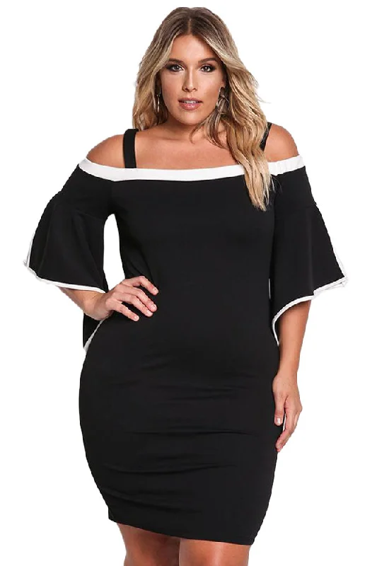 Sexy Black Plus Size Cold Shoulder Bell Sleeve Bodycon Dress Strappy Bodycon Dress