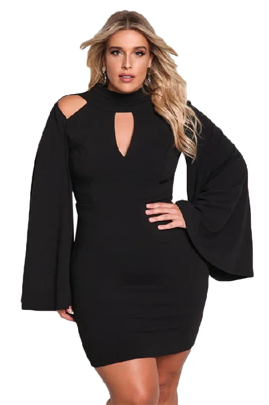 Sexy Black Plus Size Cut Out Bell Sleeve Bodycon Dress Short Bodycon Dress