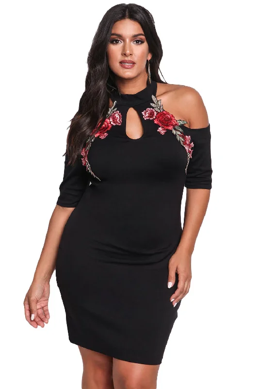 Plus Size Rose Applique Cold Shoulder Bodycon Dress Bodycon Pencil Dress