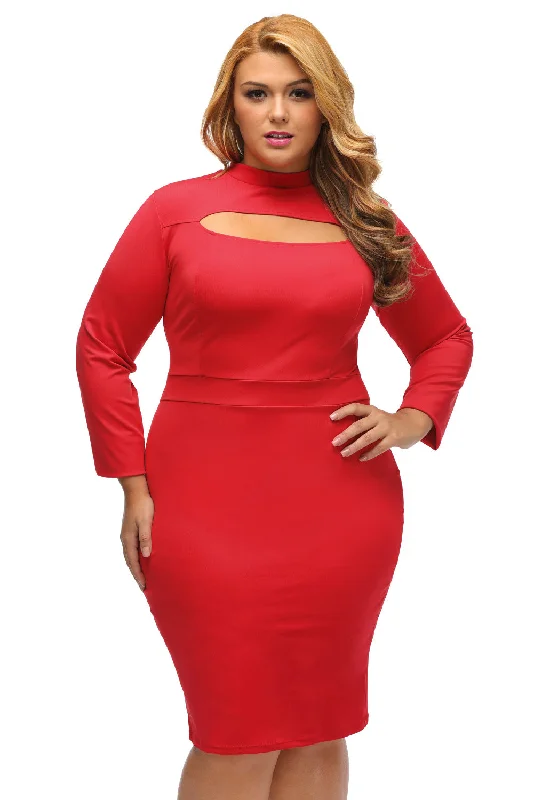 Red Long Sleeve Keyhole Bodycon Plus Size Dress Lace Trim Bodycon