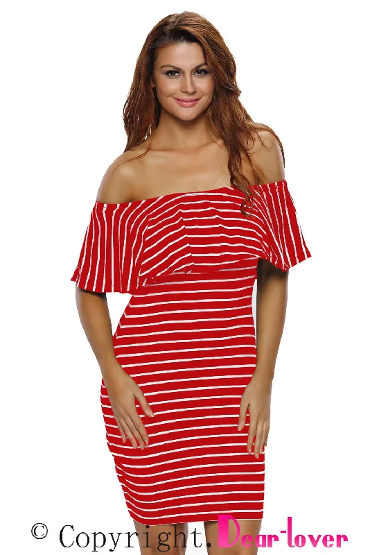 Red White Striped Off-shoulder Bodycon Dress Bodycon Dress Sleek