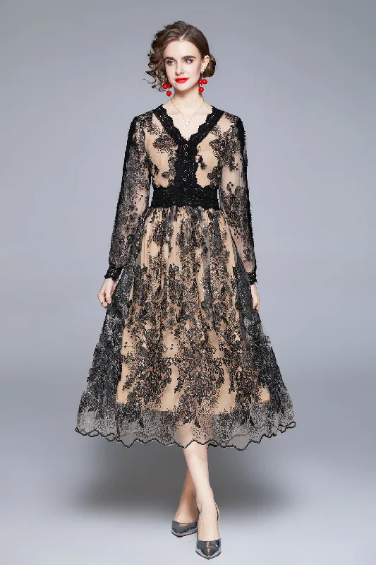 Black & Apricot Evening A-line V-neck Long Sleeve Midi Lace Dress Sexy Midi Skirt