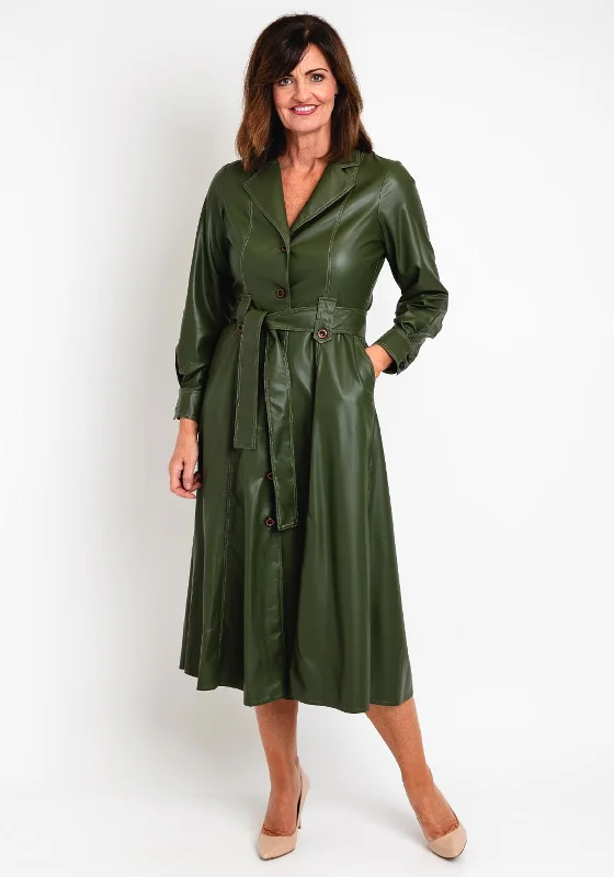 Camelot PU Trench Style Midi Dress, Deep Khaki Flared Midi Skirt