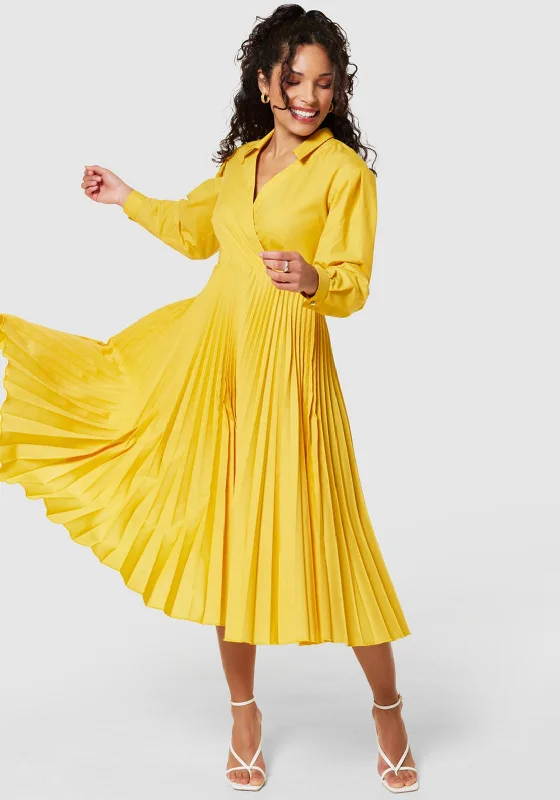 Closet London Pleated Wrap Midi Dress, Yellow Button-front Midi Skirt