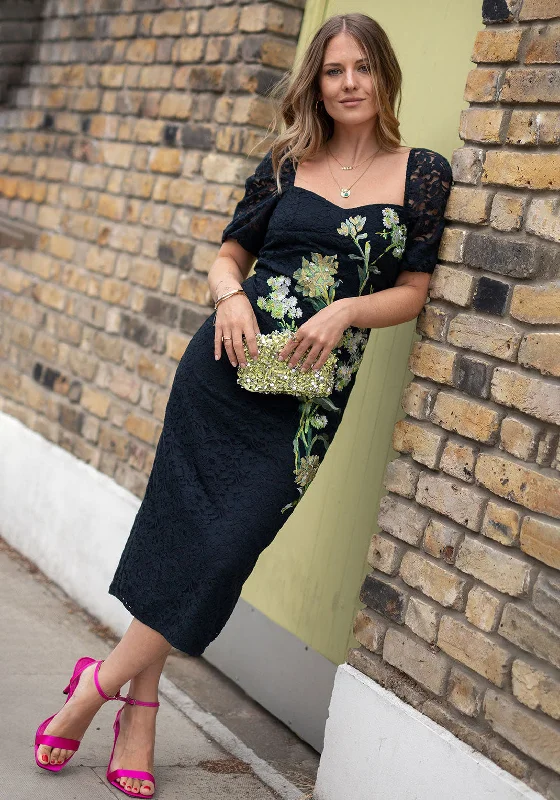 Hope & Ivy Adria Lace Embroidered Midi Dress, Navy Casual Midi Look