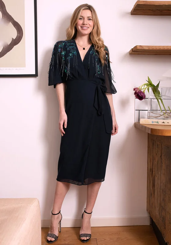 Hope & Ivy Brittany Embellished Wrap Midi Dress, Navy Stylish Pleated Skirt