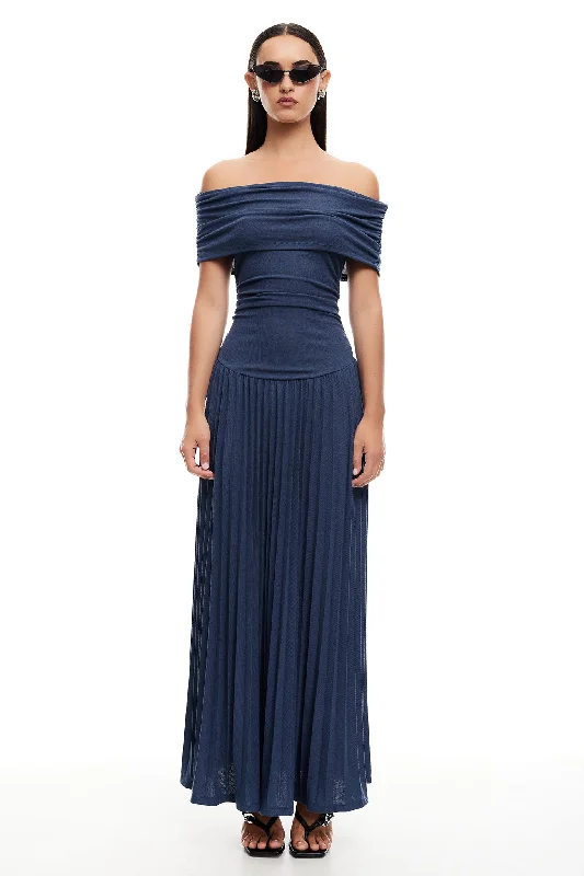 LIONESS Field Of Dreams Maxi Navy Pleated Midi Skirt