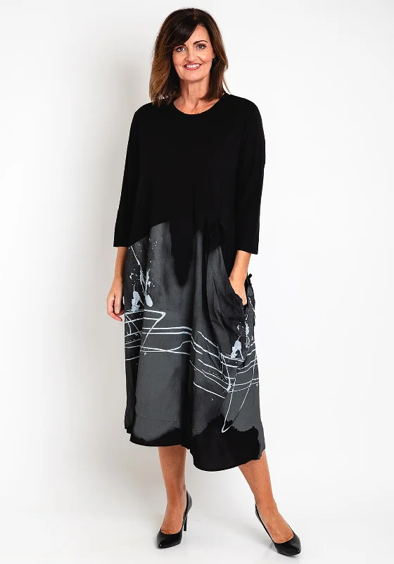 Natalia Collection One Size Paint Splash Midi Dress, Black Elegant A-line Skirt