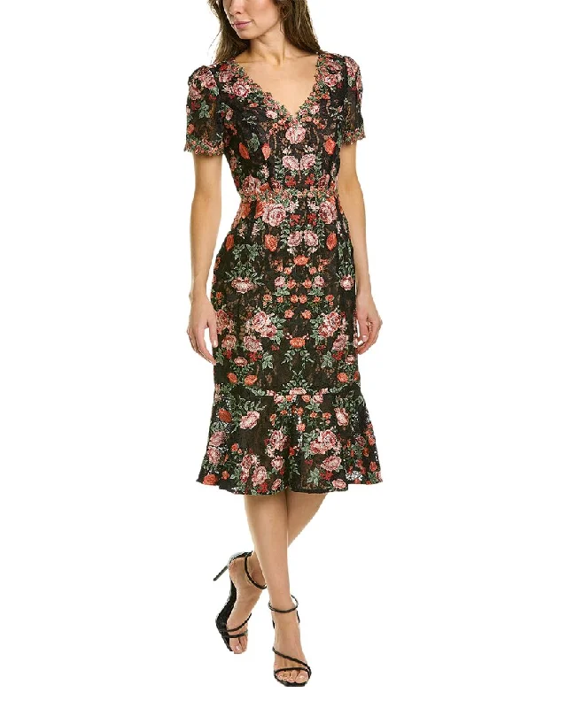 Marchesa Notte Floral Midi Dress Tulle A-line Skirt