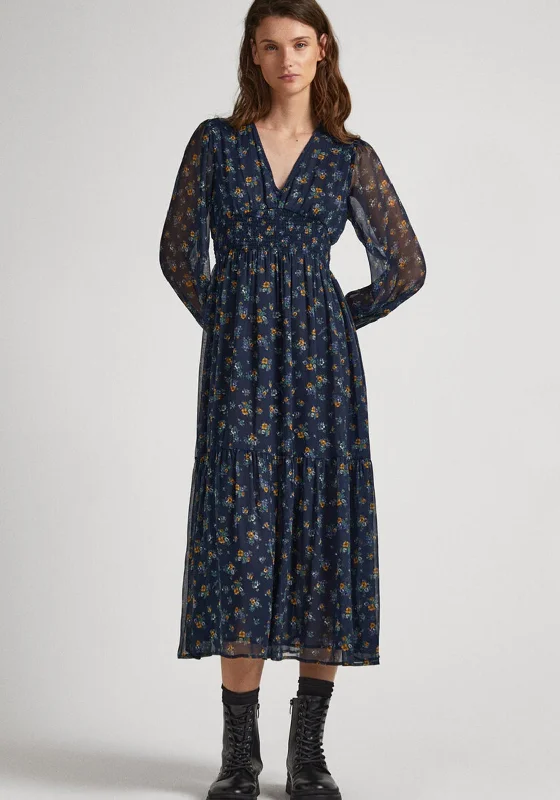 Pepe Jeans Iris Floral Chiffon Midi Dress, Multi Warm Midi Skirt